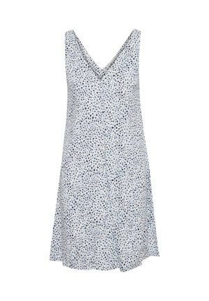 V-neck sleeveless dress in light blue fabric with scattered navy dot pattern. Flowing shape with an A-line silhouette, soft texture.