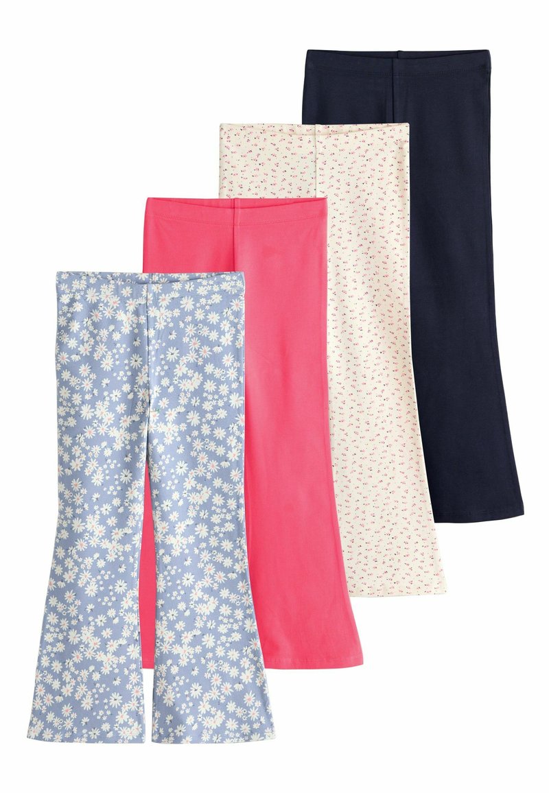 Patru perechi de colanți evazați: albastru cu model floral, roz uni, crem cu flori roșii mici și bleumarin uni. Material moale, elastic.