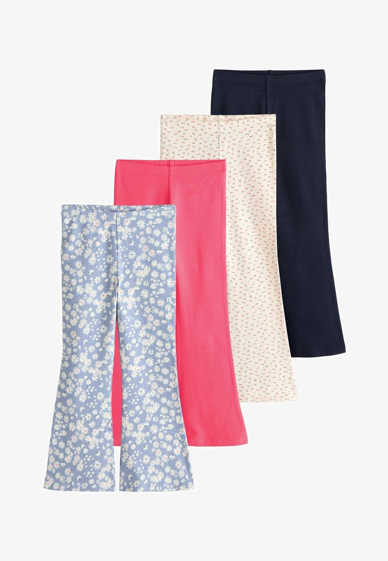 Patru perechi de colanți evazați: albastru cu model floral, roz uni, crem cu flori roșii mici și bleumarin uni. Material moale, elastic.