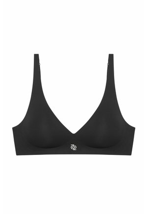 Zwarte draadloze beha met een diepe V-hals, gemaakt van gladde stof, met subtiel logodetail in het midden en brede verstelbare banden.