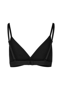 Črn trikotni bralet iz mehkega materiala, z nastavljivimi naramnicami in zaponko z očesom na hrbtni strani. Minimalističen dizajn.
