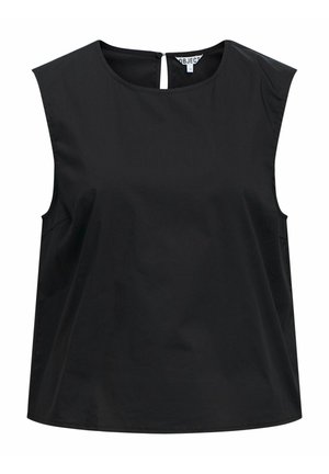 Zwarte mouwloze blouse met ronde halslijn en kleine sluiting met knoop aan de achterkant, effen gladde stof, losse pasvorm.