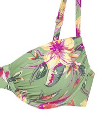 Bloemig bikini-top met een lichtgroene achtergrond en grote roze en gele bloemen. Verstelbare straps en gerimpeld stofdetails.