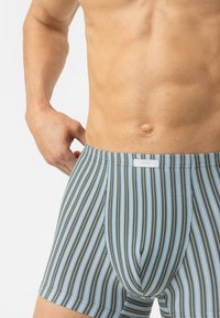 Boxers rayés bleus et verts en tissu doux, dotés d'une taille élastique et d'une conception de poche avant offrant un bon maintien.