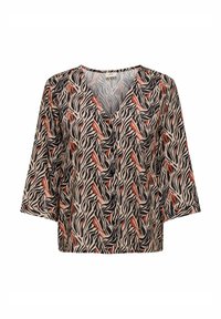 Kurzärmlige Bluse aus einem hellbraunen Stoff mit einem schwarz-roten Wellenmuster. V-Ausschnitt-Design mit lockerer Passform und feiner Textur.