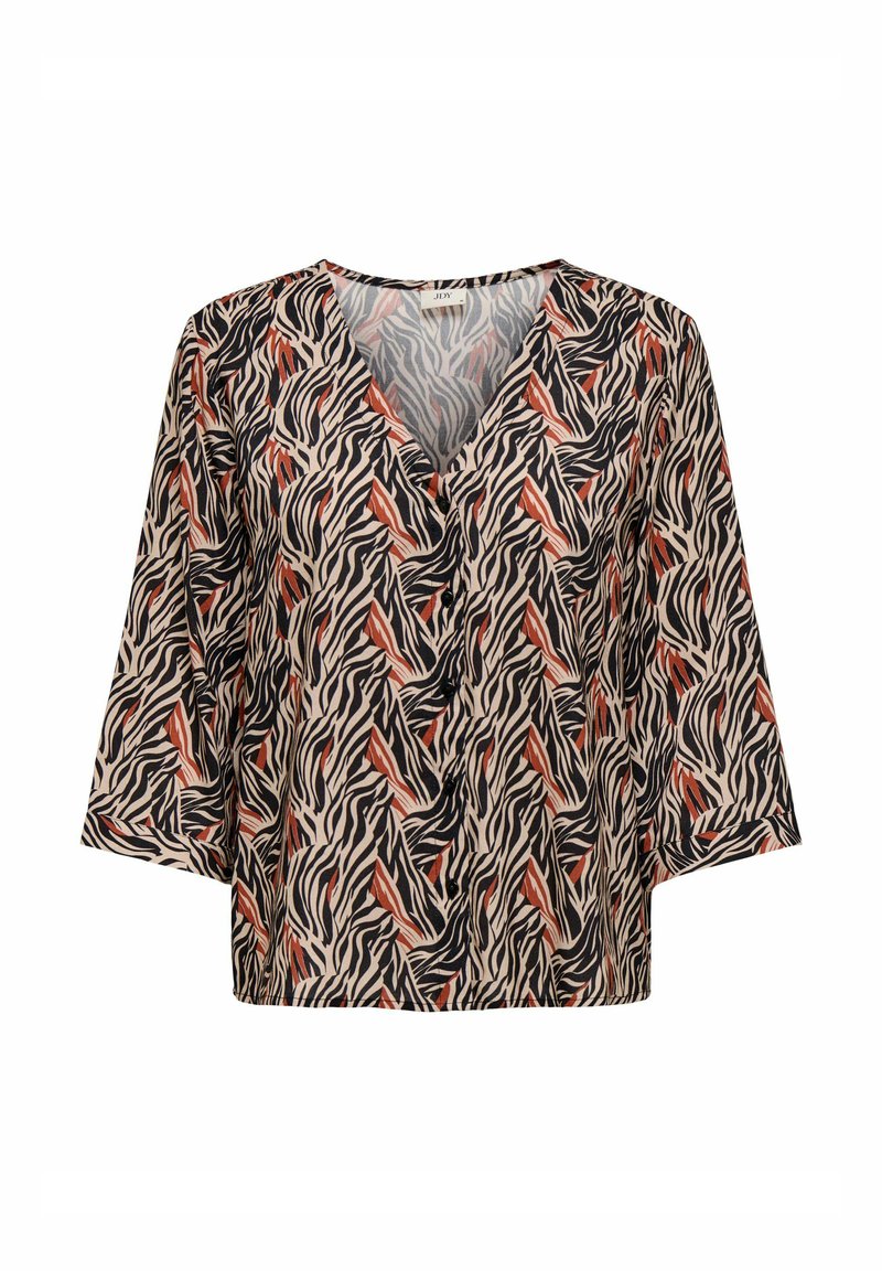 Kurzärmlige Bluse aus einem hellbraunen Stoff mit einem schwarz-roten Wellenmuster. V-Ausschnitt-Design mit lockerer Passform und feiner Textur.