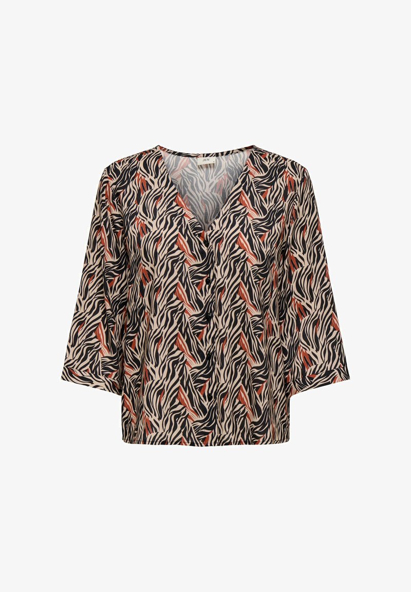 Kurzärmlige Bluse aus einem hellbraunen Stoff mit einem schwarz-roten Wellenmuster. V-Ausschnitt-Design mit lockerer Passform und feiner Textur.