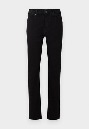 Schwarze Denim-Jeans mit geradem Bein. Verfügt über fünf Taschen, einen Knopfverschluss vorne und dezente Steppnähte entlang der Nähte.