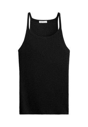 Schwarzes, geripptes Tanktop mit dünnen Trägern, runder Ausschnitt und taillierte Passform. Hergestellt aus weichem, elastischem Material.