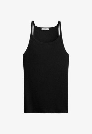 Top a canotta nera a coste con bretelle sottili, caratterizzato da un collo rotondo e un design aderente. Realizzato in un tessuto morbido e elasticizzato.
