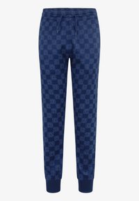 Marineblå sweatpants med et logo mønster over hele, elastisk talje med snor og tætsiddende ankler. Blød stofstruktur for komfort.