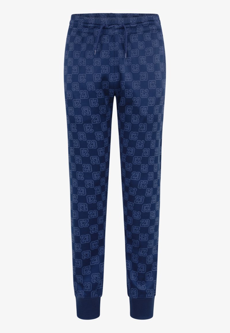 Marineblå sweatpants med et logo mønster over hele, elastisk talje med snor og tætsiddende ankler. Blød stofstruktur for komfort.
