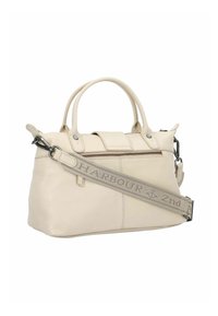 Borsa a mano in pelle beige con doppio manico, tasca frontale con zip e tracolla in tessuto regolabile con ganci in metallo.