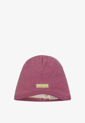 Fleece beanie in dark pink with a smooth texture. Features a folded hem and a "loud + proud" label in green. Seam accent at the top.