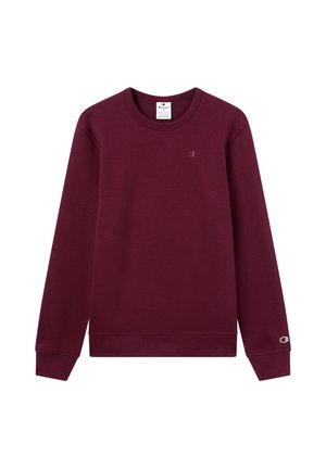 Bordeaux lange mouw crewneck sweatshirt met een klein Champion-logo op de borst en de mouwmanchet, plat weergegeven op een witte achtergrond.