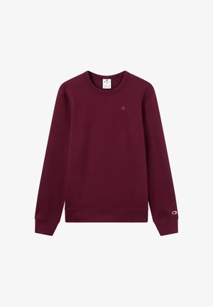 Bordeaux lange mouw crewneck sweatshirt met een klein Champion-logo op de borst en de mouwmanchet, plat weergegeven op een witte achtergrond.