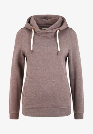 Pruun kapuutsiga sviiter pehme tekstuuriga, millel on kääru kaelus, kreemjad paelad ja pruuni nahast detailid hemil ja külgedel.