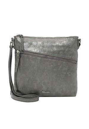 Borsa a tracolla in finta pelle grigia con tracolla regolabile, tasca frontale con cerniera, texture liscia e design minimalista.