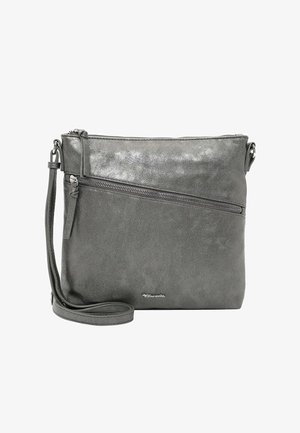 Pelēka mākslīgās ādas crossbody soma ar regulējamu siksnu, priekšējo rāvējslēdzēja kabatu, gludu tekstūru un minimālistisku dizainu.