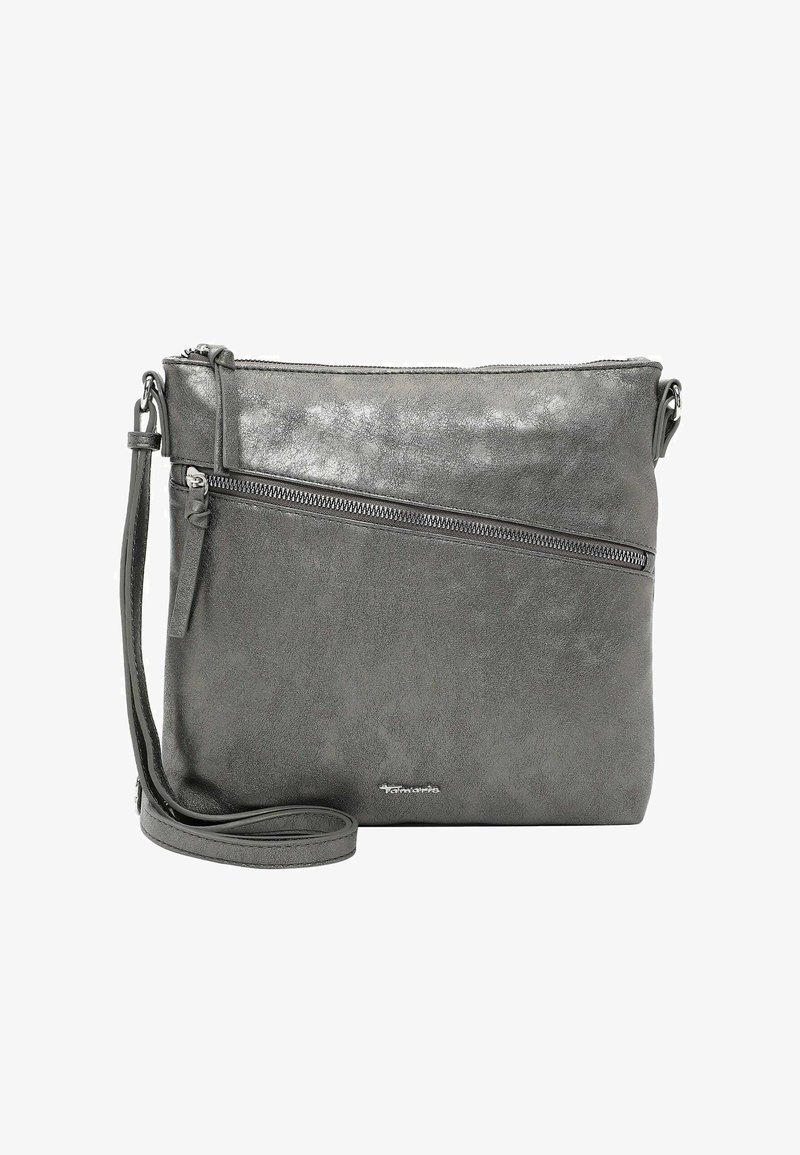 Gray faux leather crossbody bag with adjustable strap, front zip pocket, smooth texture, and minimalist design.