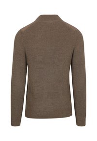 Bruine gebreide trui met een geribbeld textuur en een kraag. De schouders hebben een accentdetail van een gladde stof. Lange mouwen, geen zichtbare sluitingen.