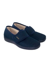 Zapatos slip-on de malla azul marino con correa de Velcro ajustable, plantilla acolchada y suelas de goma texturizadas. Diseño ligero y transpirable.