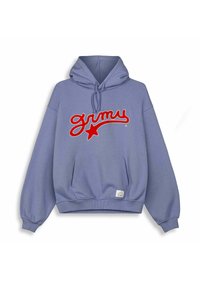 Purple hoodie with a front pocket, drawstring hood, and red "grimy" text featuring a star. Ribbed cuffs and hem, soft, cotton blend material.