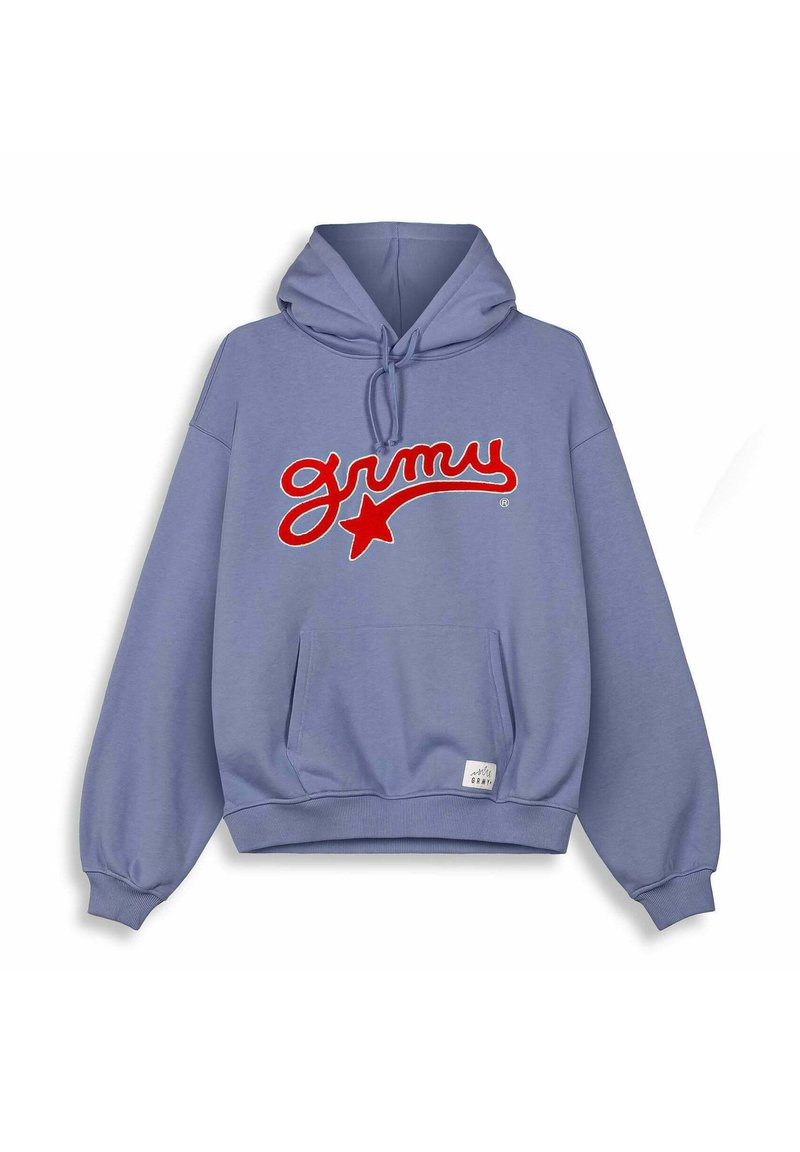 Purple hoodie with a front pocket, drawstring hood, and red "grimy" text featuring a star. Ribbed cuffs and hem, soft, cotton blend material.