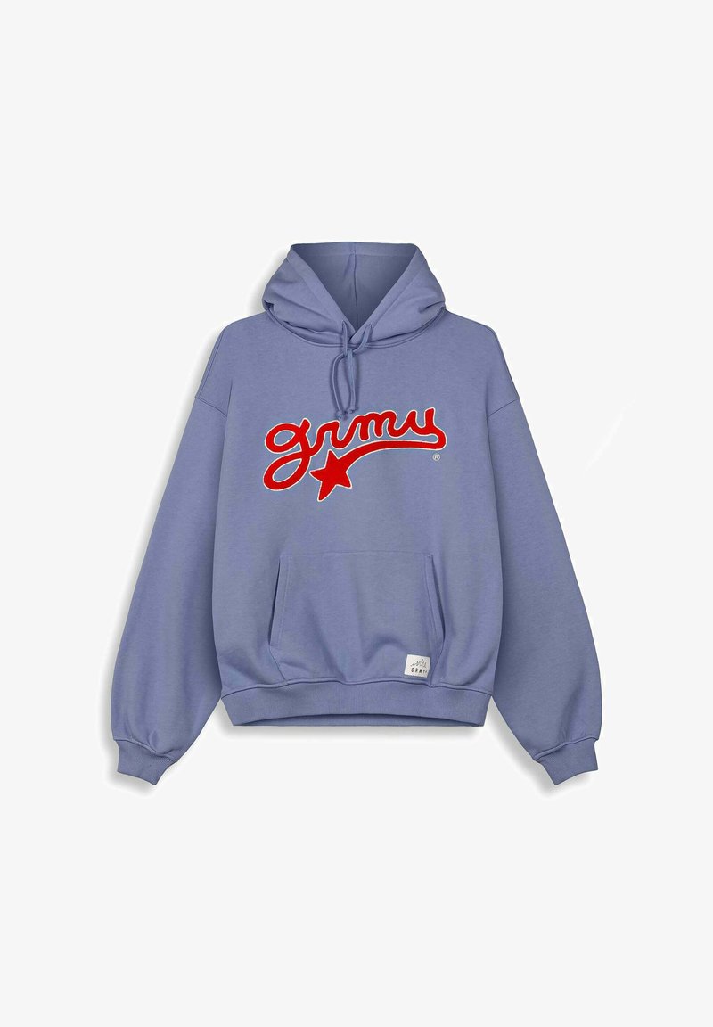 Sudadera morada con un bolsillo delantero, capucha con cordón y texto rojo "grimy" que incluye una estrella. Puños y dobladillo acanalados, material suave de mezcla de algodón.