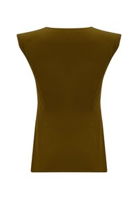 Haut sans manches vert olive avec un design d'épaule large et une taille ajustée, vu de dos sur un fond blanc.