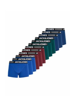 Zestaw dwunastu męskich bokserek w kolorze niebieskim, bordowym i zielonym z czarnymi pasami z białym logo JACK & JONES.