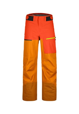 Helle orange wasserdichte Hose mit einem Mix aus Texturen, einer vorderen Reißverschlusstasche, verstellbarem Bund und verstärkten unteren Bereichen.