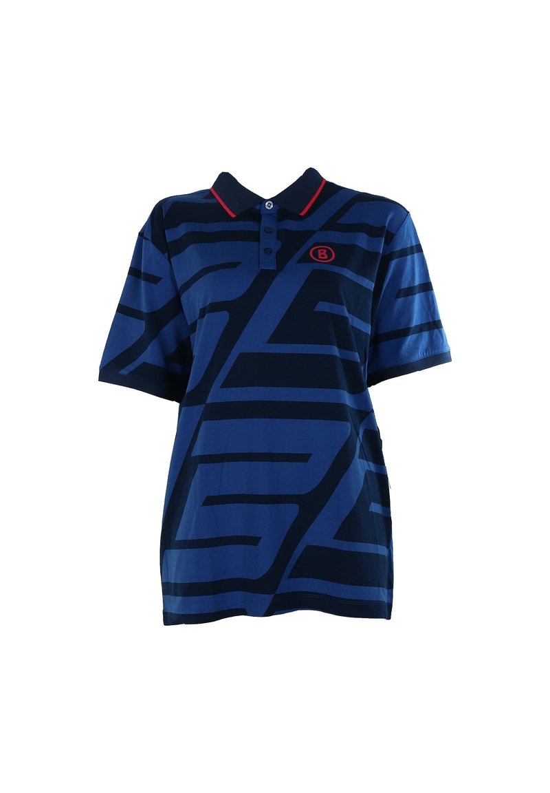 Blå kortärmad polo med svarta abstrakta ränder, röd kant runt kragen och liten röd logotyp på vänster bröst.