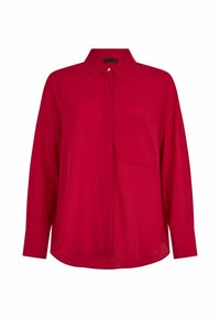 Blusa rossa a maniche lunghe realizzata in tessuto leggero, con chiusura a bottoni sul davanti, colletto e una tasca sul petto. Texture liscia.