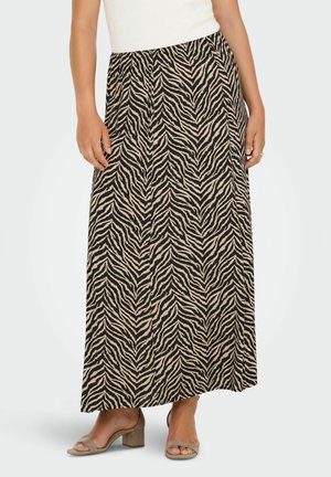 Falda maxi con un patrón de rayas de cebra negro y beige, hecha de una tela suave, con una cinturilla elástica y un corte recto.