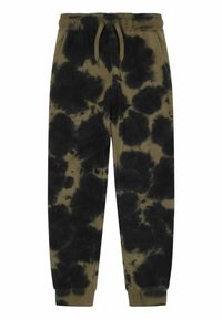 Heren joggers in olijfgroen met een zwart tie-dye patroon. Voorzien van een elastische tailleband met koord en ribbelboorden bij de enkels.