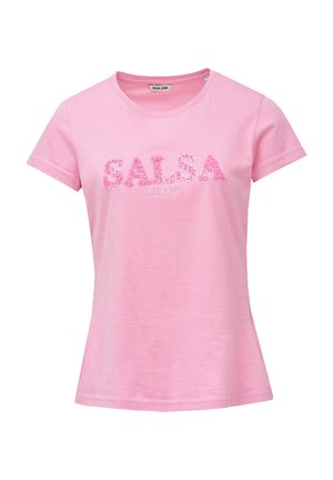 Camiseta de algodón de color rosa claro con mangas cortas, que presenta el texto "SALSA JEANS" decorado con brillantes lentejuelas rosas en la parte frontal.