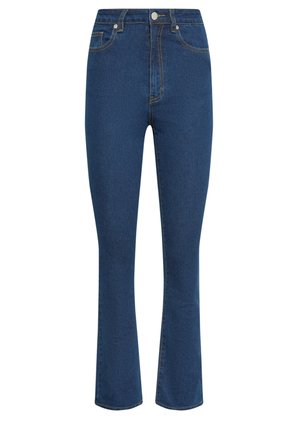 Udsvingende denim jeans i mørkeblå med kontrastfuld gul syning. Har fem lommer og en knaplukning i taljen. Klassisk pasform.