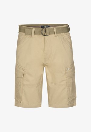 Shorts cargo beiges en tissu léger, dotés d'une ceinture tissée, de multiples poches latérales et de détails cousus sur les coutures.
