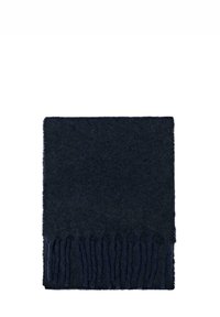 Sciarpa di lana blu navy con una texture morbida e dettagli frangiati lungo il bordo inferiore. Forma rettangolare, design minimalista.