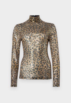 Bluză cu mâneci lungi și guler înalt, cu un model din sequins metalici aurii și negri, textură cordată și un design ajustat.