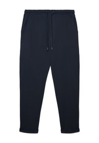Dunkelblaue Jogginghose aus weichem Stoff, mit elastischem Bund und Kordelzug, zwei Seitentaschen und verengten Bündchen.