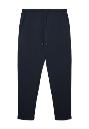 Dunkelblaue Jogginghose aus weichem Stoff, mit elastischem Bund und Kordelzug, zwei Seitentaschen und verengten Bündchen.