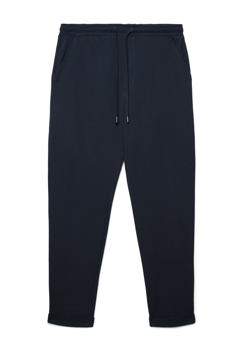 Dunkelblaue Jogginghose aus weichem Stoff, mit elastischem Bund und Kordelzug, zwei Seitentaschen und verengten Bündchen.