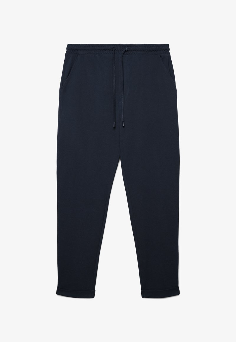 Dunkelblaue Jogginghose aus weichem Stoff, mit elastischem Bund und Kordelzug, zwei Seitentaschen und verengten Bündchen.