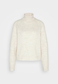 Cremefarbener Strickrollkragenpullover mit langen Ärmeln und geripptem Kragen, Bündchen und Saum, auf einem schlichten Hintergrund präsentiert.