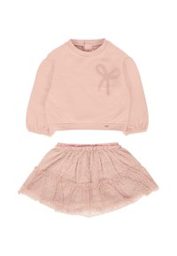 Felpa rosa a maniche lunghe con ricamo a fiocco e gonna a strati coordinata, caratterizzata da un tessuto con motivo e una cintura elastica.