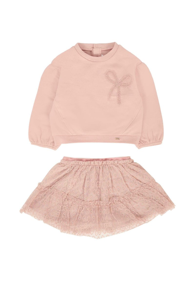 Felpa rosa a maniche lunghe con ricamo a fiocco e gonna a strati coordinata, caratterizzata da un tessuto con motivo e una cintura elastica.