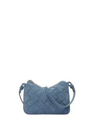 Kleine blaue gewebte Wildleder-Schultertasche mit verstellbarem Riemen und silbernem Reißverschluss.