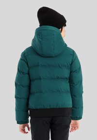 Persoon in een teal pufferjack met capuchon en zwarte beanie, met de rug naar de camera gekeerd tegen een grijze achtergrond.